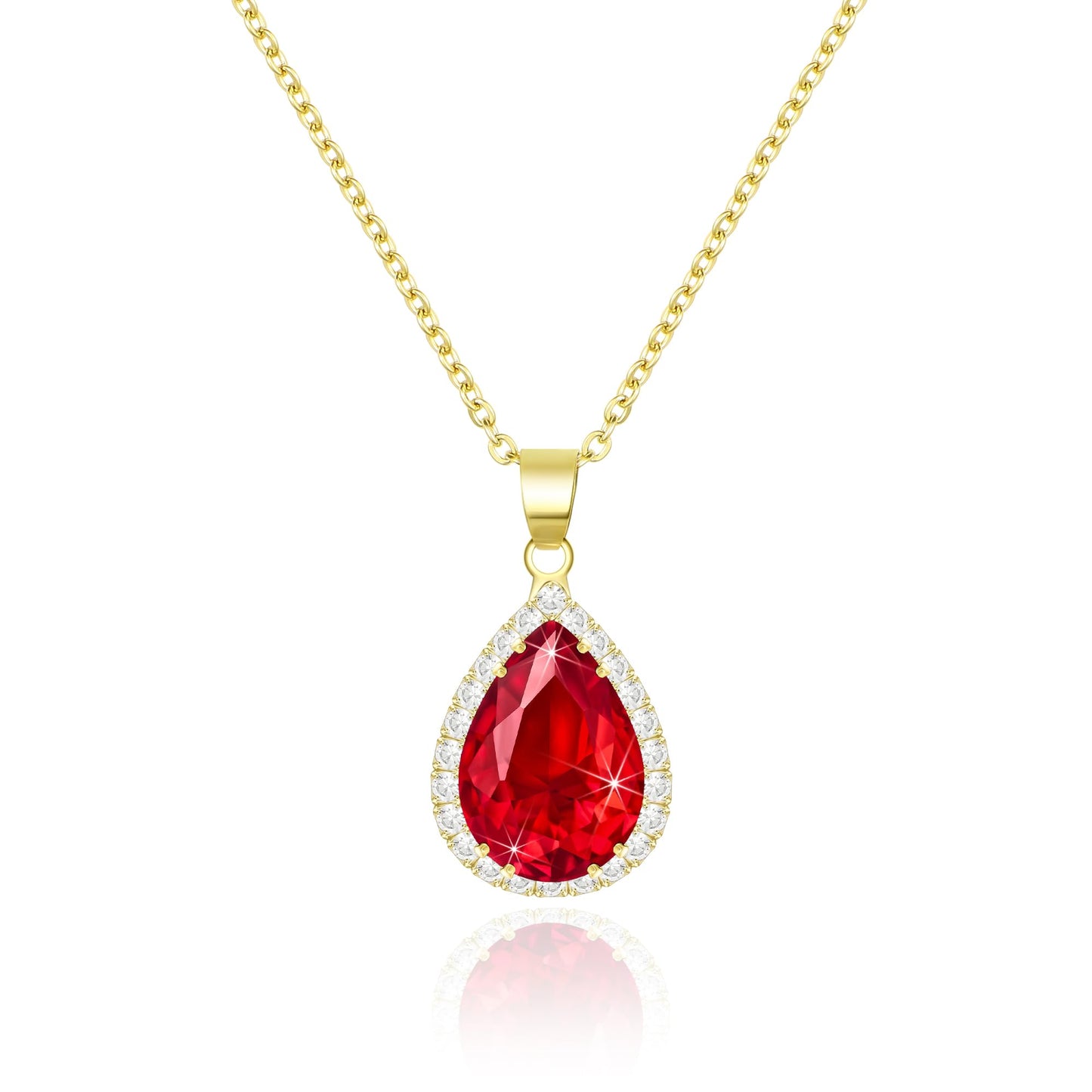 Jertom 14k Gold Plated Copper Pear-Shaped Teardrop CZ Diamond Ruby Pendant Necklace with Rhinestone Inlaid Fashion Necklace for Women Bride Bridesmaid, ruby teardrop gold