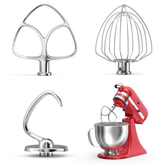 Stainless Steel Kitchen Mixers Accessories Compatible with KitchenAid Mixer and 4.5-5 Qt Bowl. K45WW 6-Wire Whip, 4.5-5QT Flat Beater Paddle, 4.5-5QT Dough Hook Attachment Dishwasher safe