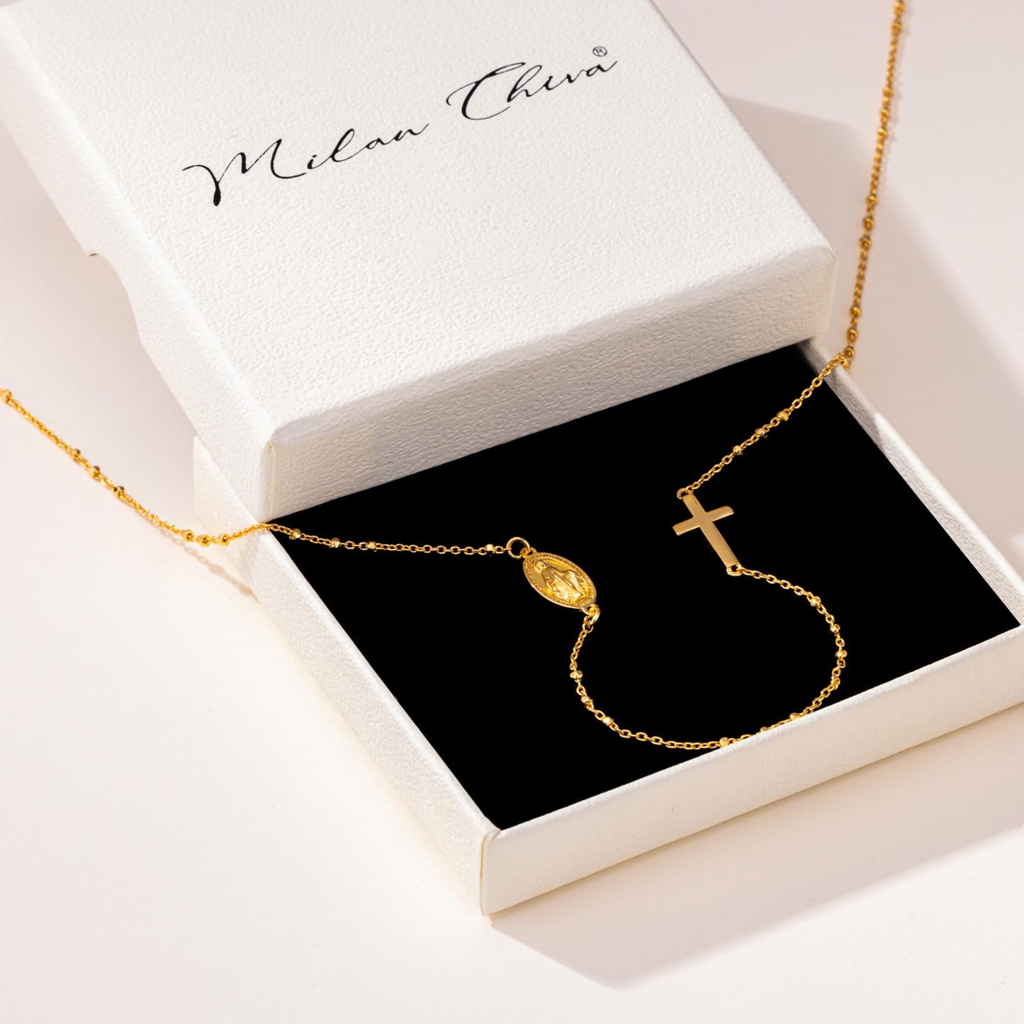 Milan Chiva Gold Plated Rosary Cross Necklaces for Women 14K Gold Plated Chain Sideways Pendant Lightweight Dainty Jewelry MNS-1040GD