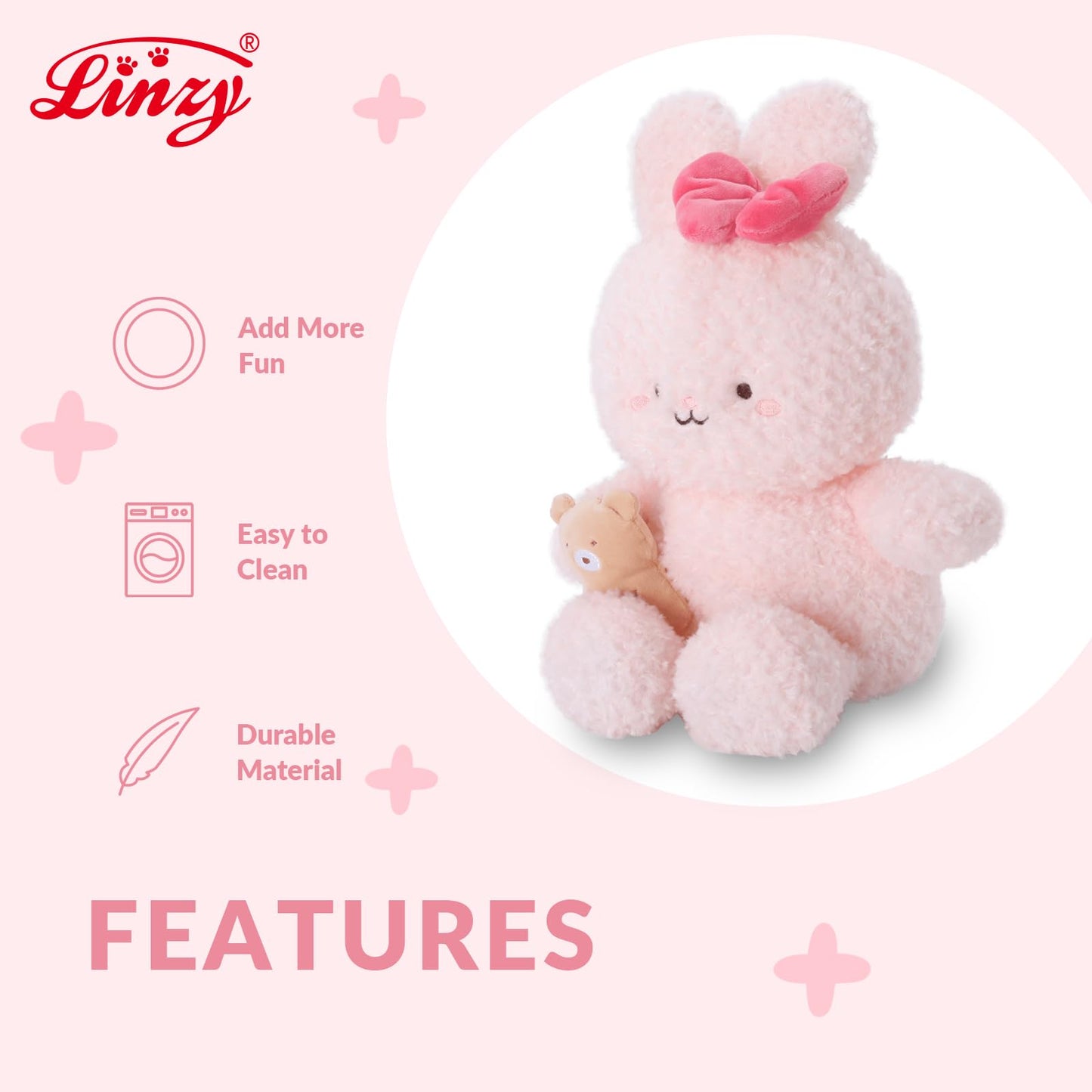 Linzy 10” Bowtie Bunny Stuffed Animal Holding Bear, Soft Pink Plush Toy for First Day of School, Birthday, Christmas, Valentine’s Day & Holidays, Plushie for Girls, Toddler, Kids & Women