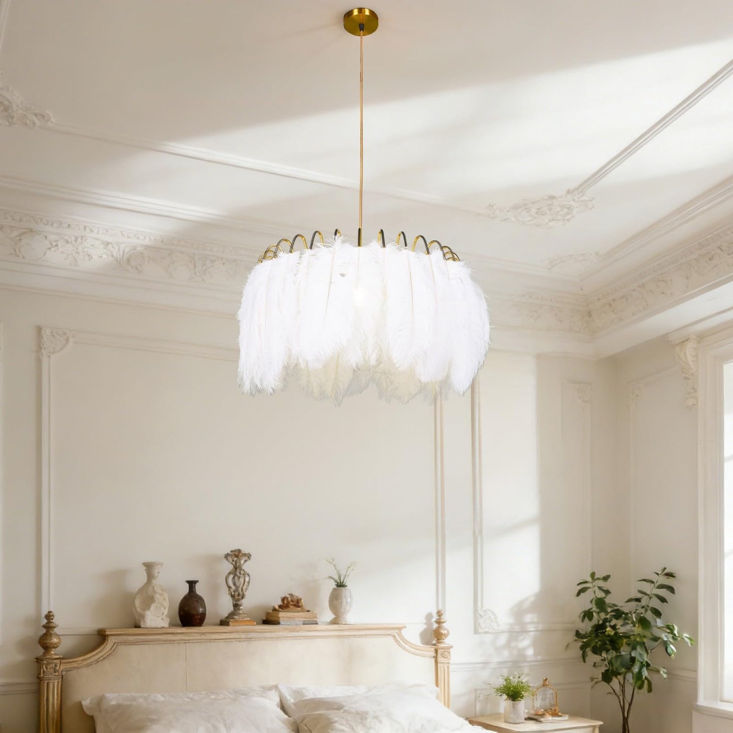 mfanchan 20.9" Nordic Modern Gold Feather Chandelier, Art Decor Feather Light Fixture Nordic Pendant Light Romantic Hanging Ceiling Lighting for Kitchen Island Girls' Room Living Dining Room Foyer