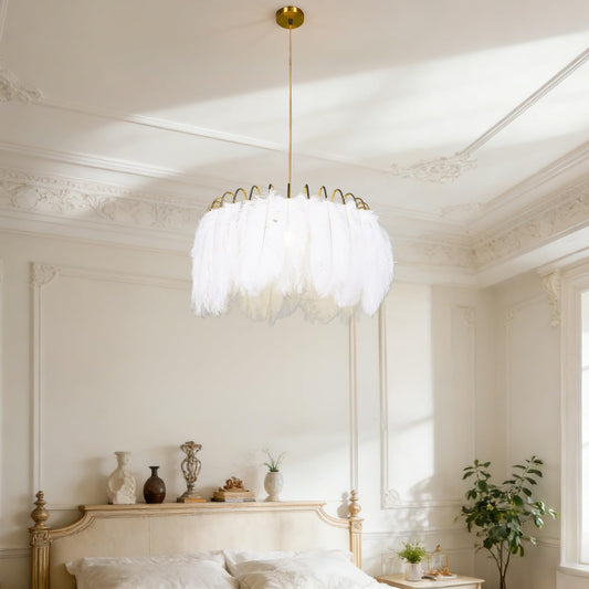 mfanchan 20.9" Nordic Modern Gold Feather Chandelier, Art Decor Feather Light Fixture Nordic Pendant Light Romantic Hanging Ceiling Lighting for Kitchen Island Girls' Room Living Dining Room Foyer