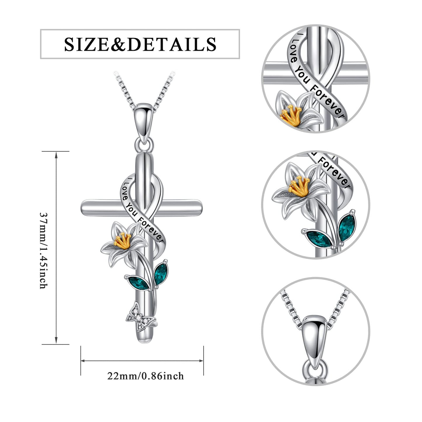 Flpruy Lily Necklace 925 Sterling Silver May Birth Flower Pendant Necklace Birth Month Flower Pendant Cross Necklace Birthday Jewelry Gifts for Women Her Mom