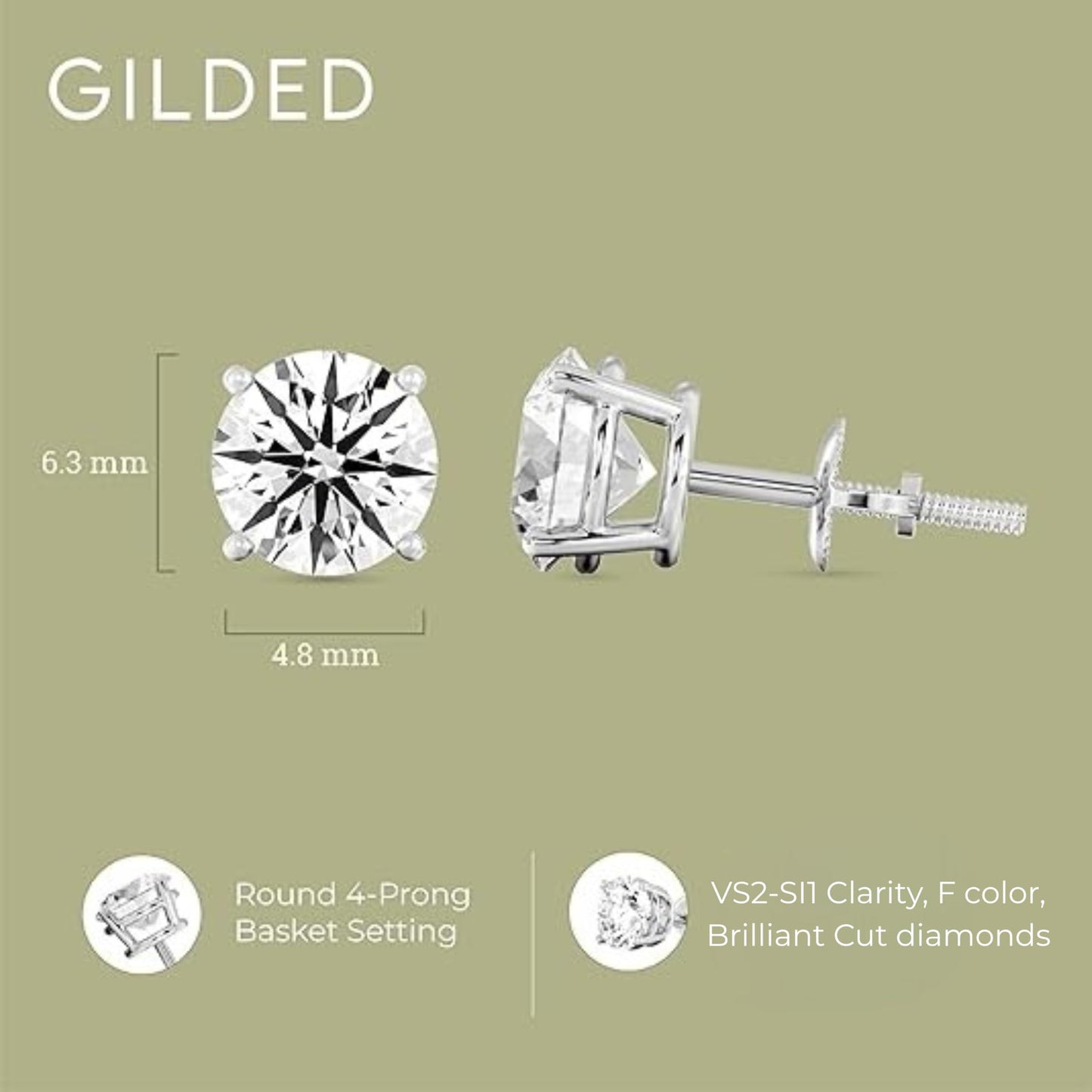 Gilded 2 Carat Total Weight IGI Certified Lab-Grown Diamond 10KT White Gold & Yellow Gold Stud Earrings for Women| Hypoallergenic Fine Gold Jewelry | 4-Prong Basket, Screw Back Nut | VS2-SI1 Clarity, F color, Brilliant Cut diamonds Clarity, F Color, Round