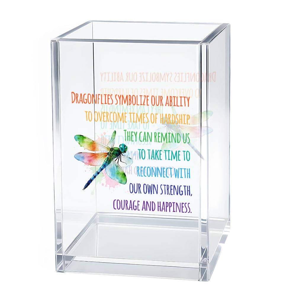 Gkodw Dragonflies Symbolize Our Ability Acrylic Pen Holder Cosmetic Organizer, Funny Dragonfly Pen Pencil Holders for Desk, Desk Accessories Office Gifts for Dragonfly Lover Teacher Coworker Daughter