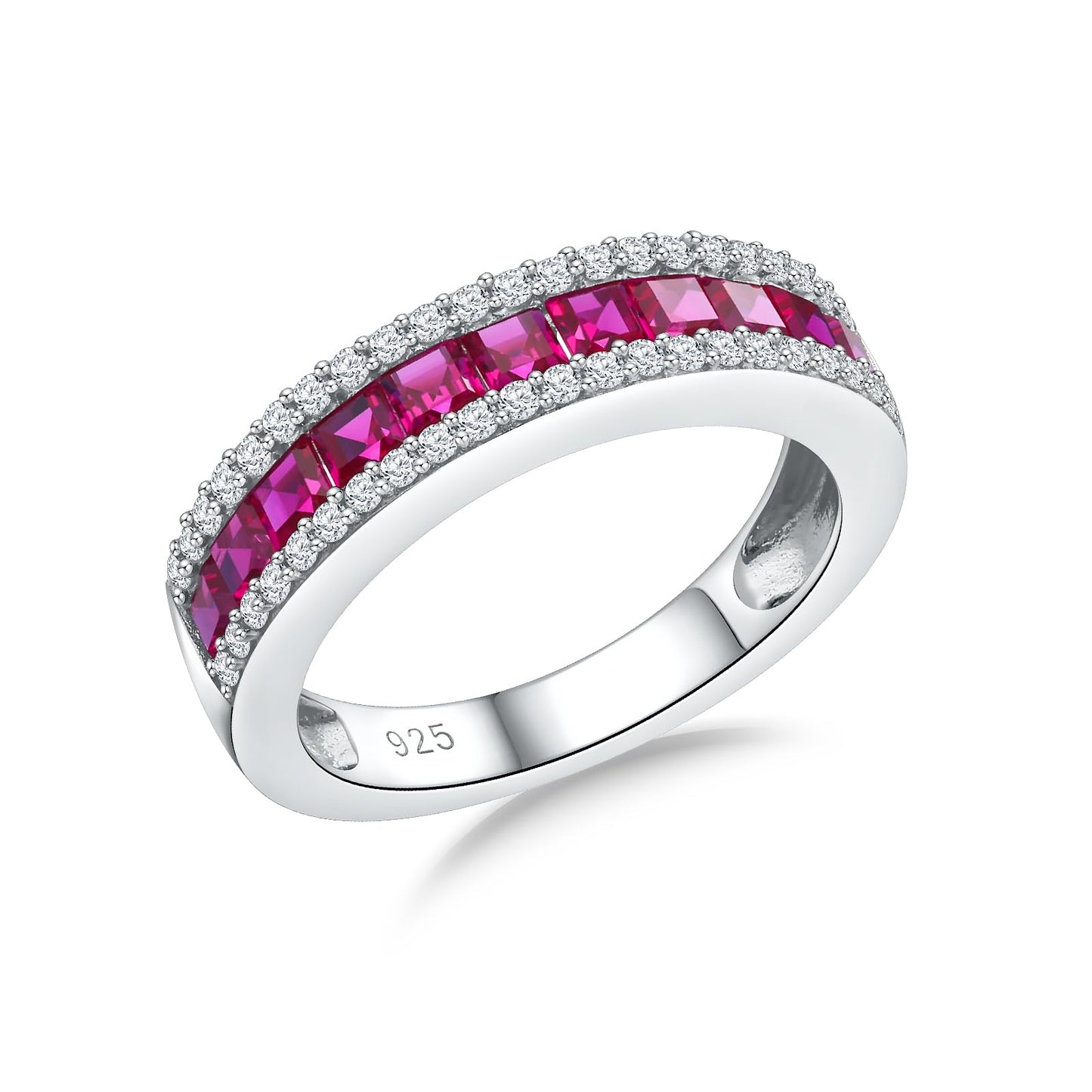 RANDES Red Ruby Half Eternity Band Ring for Women Sterling Silver Channel Set Wedding Band Thick Anniversary Ring for Her July Birthstone Ring Size 9.5