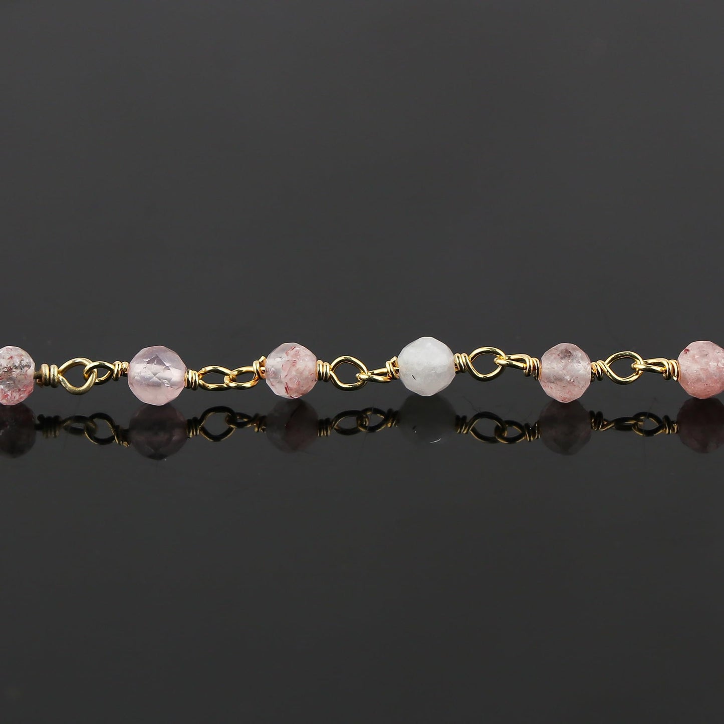 JOR Natural Strawberry Quartz Beaded Rosary Anklet, Handmade Craft, Anklet Beads Bracelet, Chakra Healing Anklet, Gemstone Women Jewelry, Dainty Gold Plated Anklet 9 inch + 2 inch (1pcs)