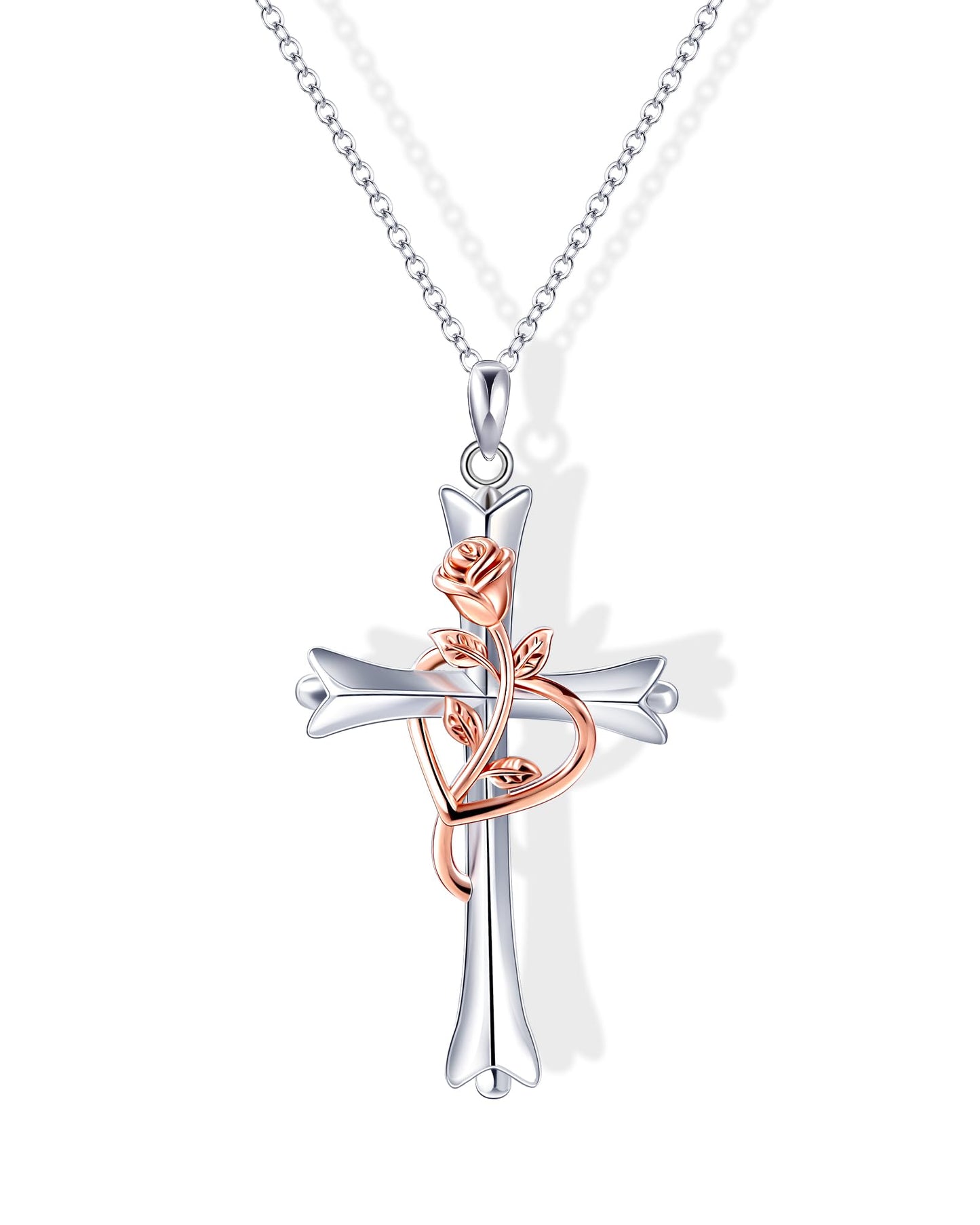 ACECHA Silver Cross Necklace for Women, Dainty Faith Cross Pendant Necklaces with Rose Jewelry for Mom Wife Daughter Sister | Gifts for Birthday Anniversary Christmas Easter(White Silver-Rose)
