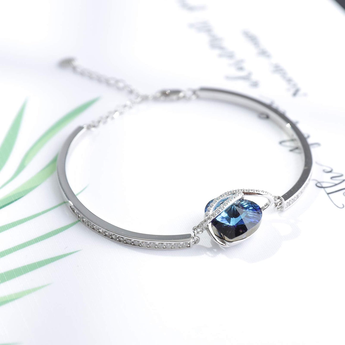 AOBOCO Infinity Heart Bangle Bracelet Sterling Silver I Love You Women Bracelet Embellished with Blue Crystals from Austria, Fine Anniversary Birthday Jewelry Gifts for Women Wife Girlfriend Daughter