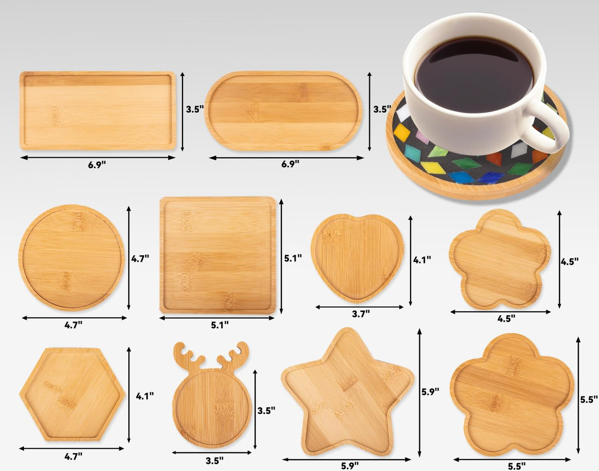 Lanyani 10pcs Wooden Assorted Shapes Mosaic Bases for DIY Mosaic Coaster Kit, with Wooden Surface for Handcrafted Glass Mosaic Tiles Crafts for Adults and Kids