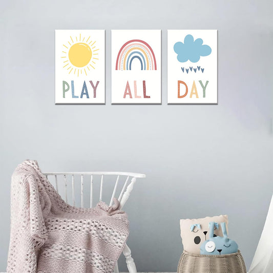 3Pcs Boho Nursery Canvas Wall Art Play All Day Kids Room Wall Decor Pictures Rainbow Sun Cloud Posters Prints for Boy Girl Bedroom Playroom Classroom Decoration, 12x16in