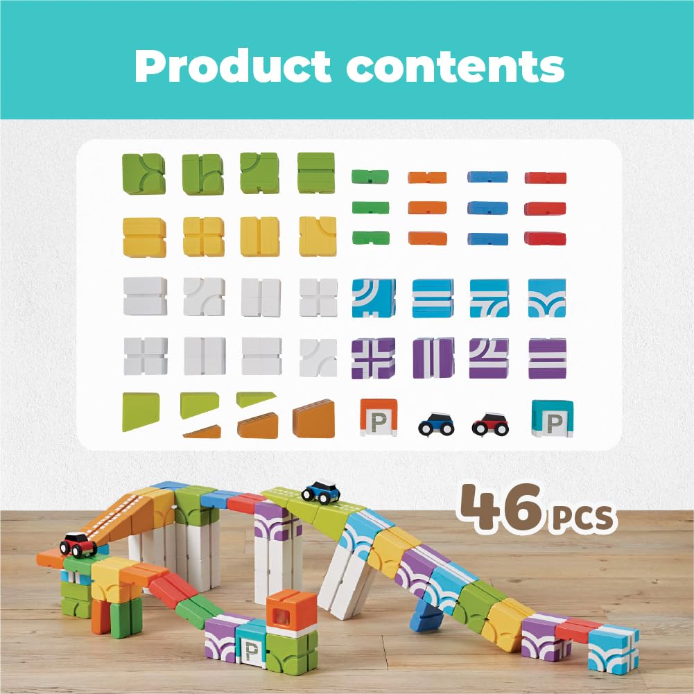 QBI Magnetic Building Blocks Car Track Set, STEM Building Toys for Kids Ages 4-8, Magnetic Cubes with 2 Push-and-Go Cars, Ramps & Track Plates, Montessori Birthday Gift (46PCS)