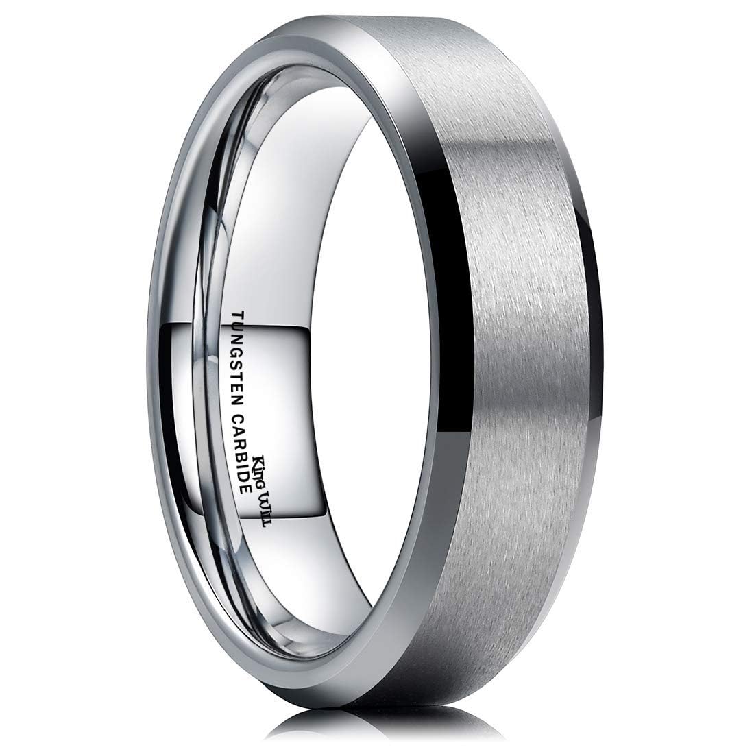 King Will 6mm Men's Silver Wedding Ring - Brushed Matte Surface, Beveled Polished Edge, Comfort Fit Size11