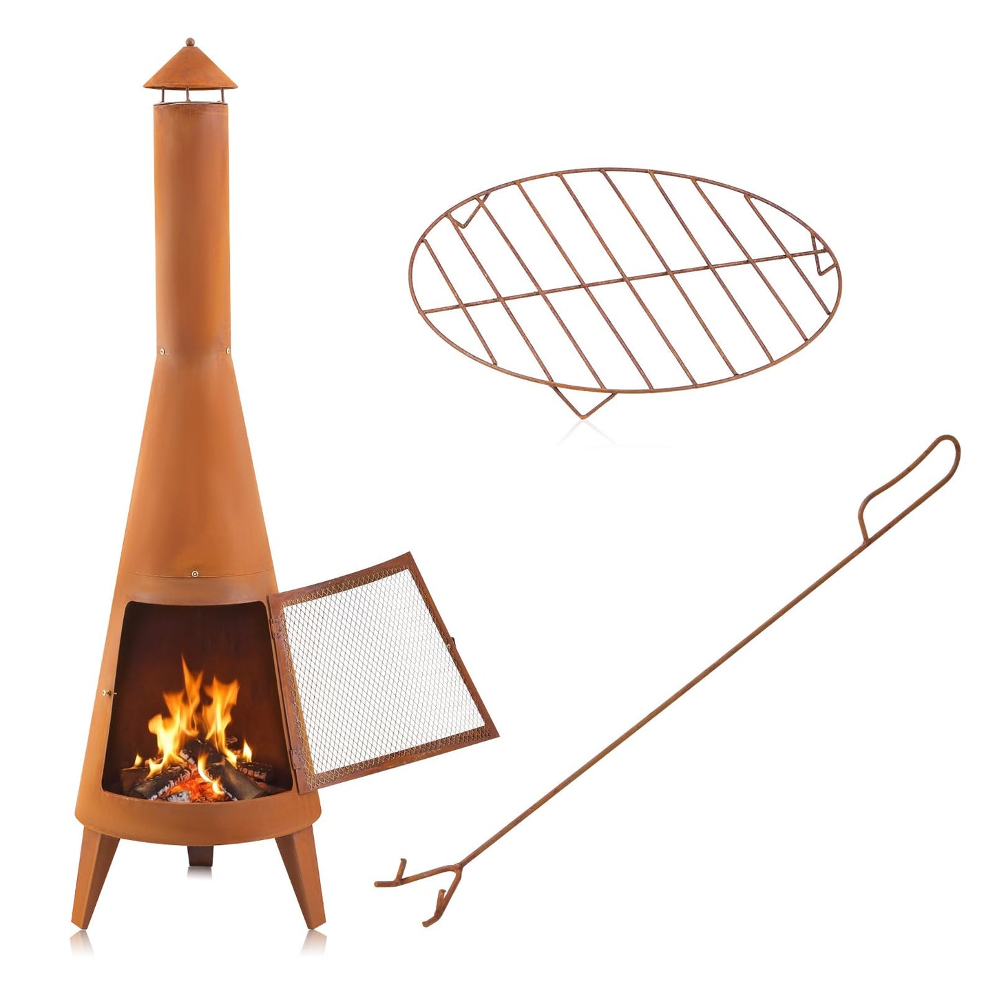 Ferrochef 70 Inch Country Outdoor Chiminea Fireplace Heavy-Duty Steel Wood-Burning Chiminea Fire Pit with Wire Mesh Cover