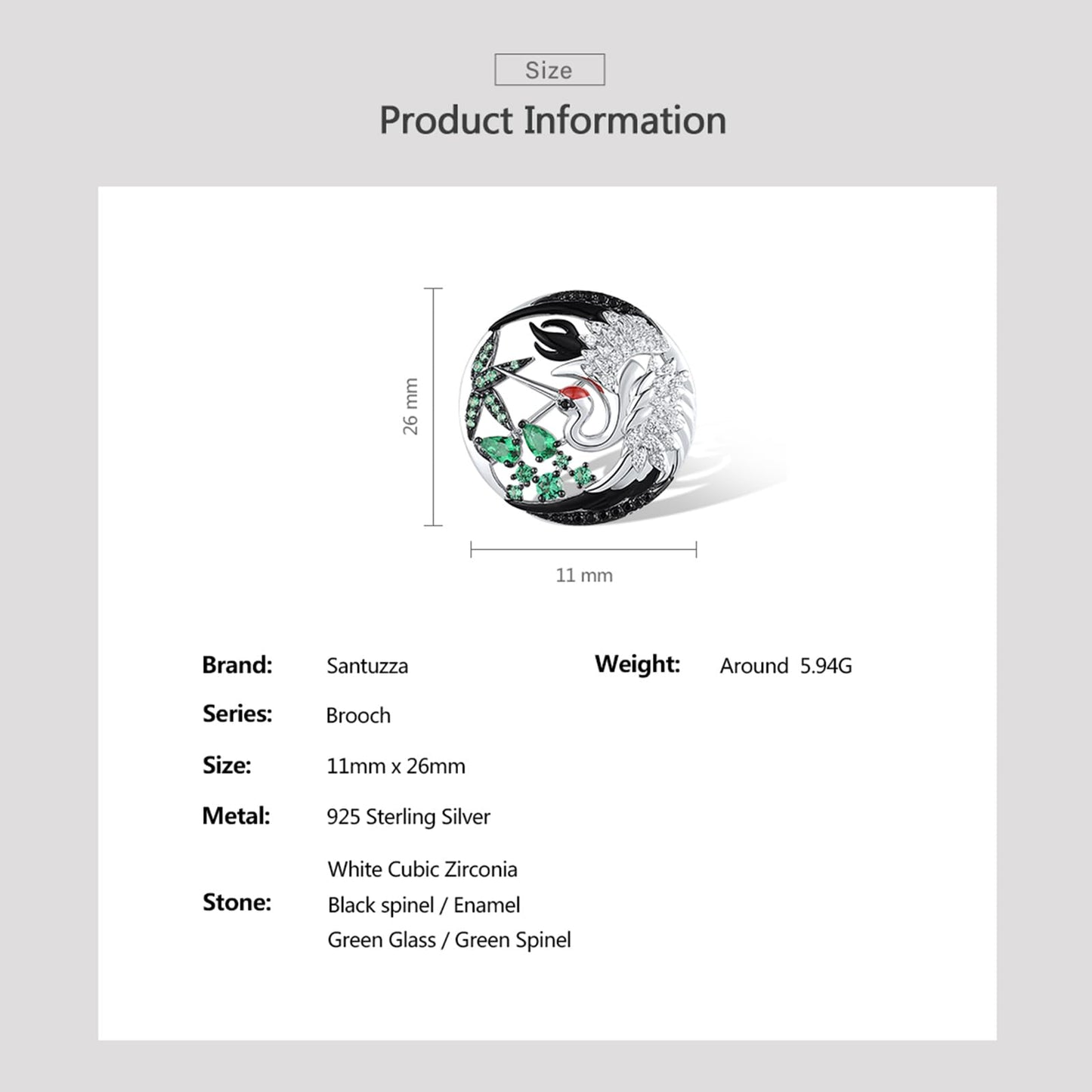 Santuzza 925 Sterling Silver Enamel Flying Red Crowned Crane Brooch Green Glass Cubic Zirconia Bird Brooch for Women