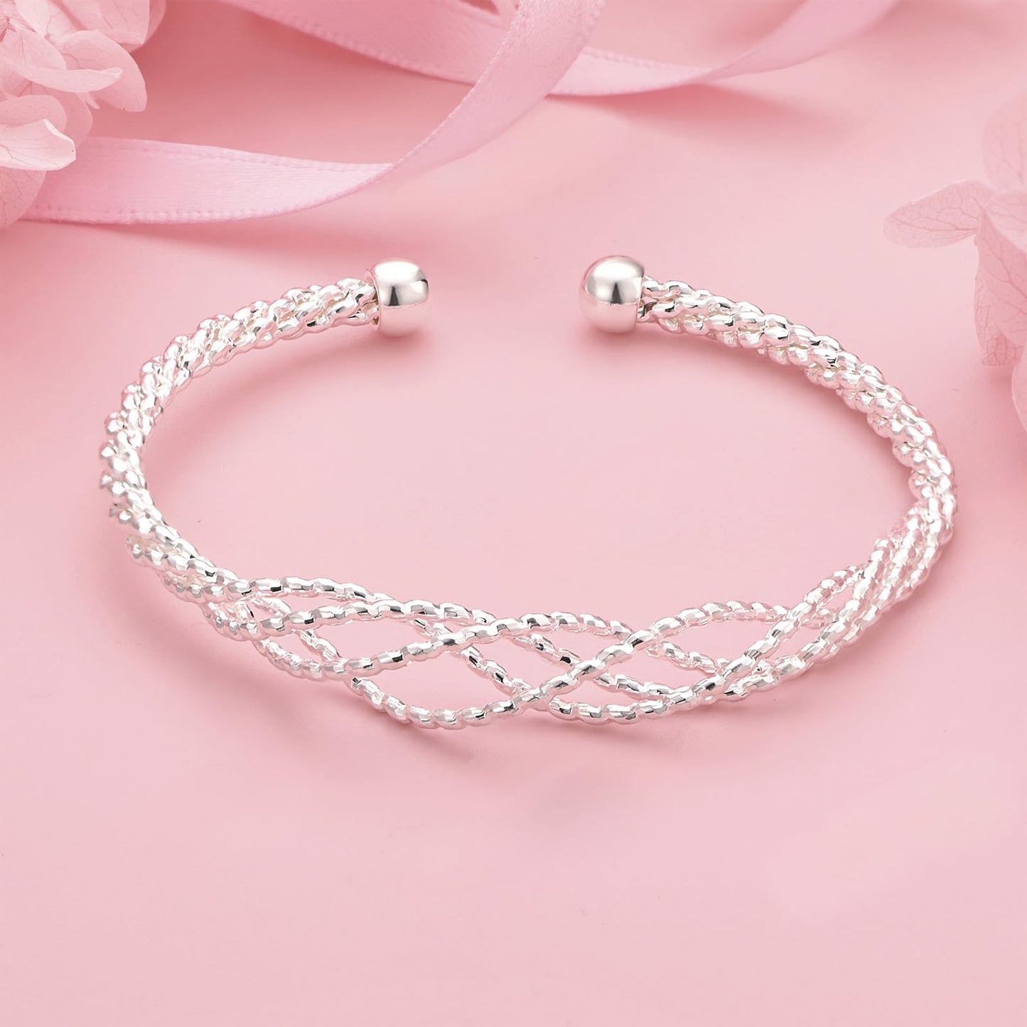 Solid 925 Sterling Silver Bracelet for Women Dainty Open Cuff Bangle Bracelets Trendy Crossover Twisted Bracelet Handmade Adjustable Bracelet Fashion Women Jewelry for Women Teens Birthday Holiday
