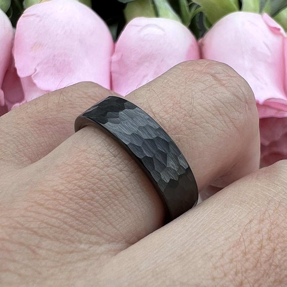 TUTISS 6mm Black Hammered Tungsten Carbide Rings for Men Women Fashion Engagement Wedding Bands Matte Finish I Love You Engraved Comfort Fit Size 10