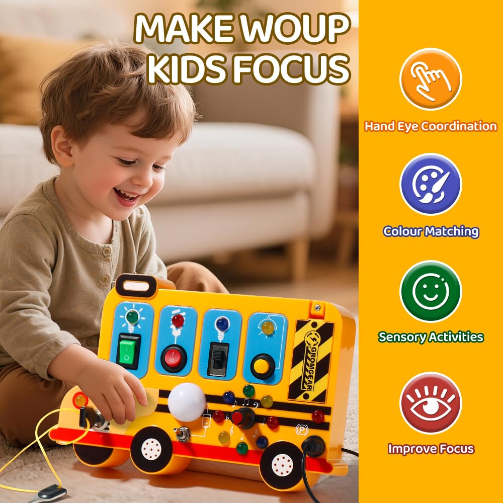 Montessori Board Sensory Toys for Children with LED Light switches, School Bus Shape，Baby fidgeting Board Travel Toys for More Than 18 Months, 18M+Boys and Girls Toddler Toys Gifts,Switch Toy