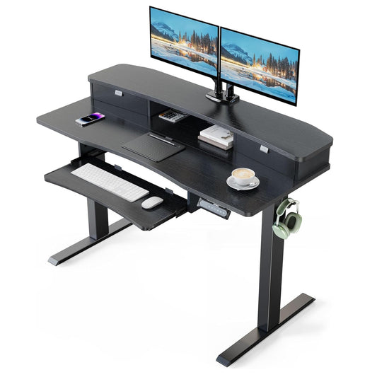 HUANUO 48" x 26" Electric Standing Desk with 2 Drawers & 26.7" Large Keyboard Tray, C-Clamp Mount Compatible, Adjustable Computer Desk for Home Office, Stand Up Desk with 4 Height Presets, Black