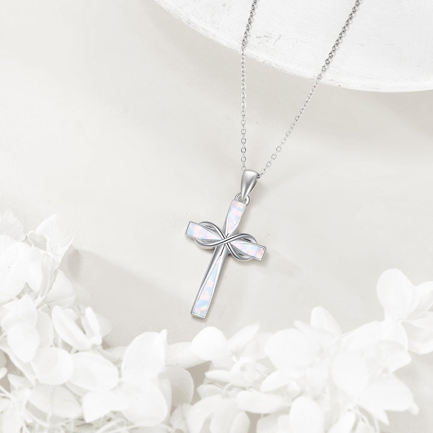 ONEFINITY Opal Cross Necklace 925 Sterling Silver Infinity Cross Pendant Necklace White Opal Jewelry Gifts for Women