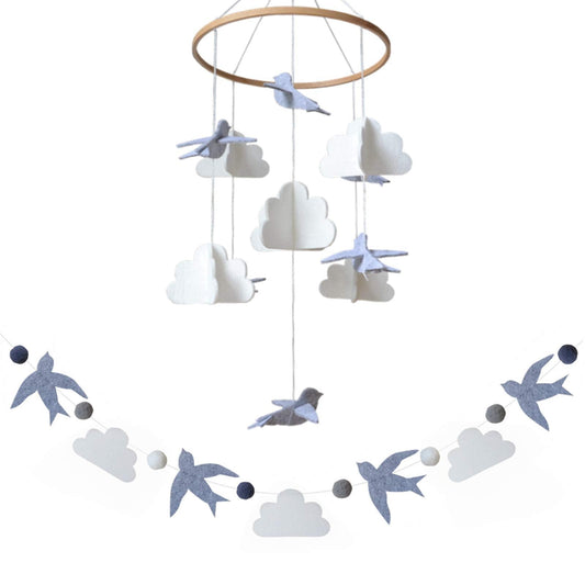 Baby Crib Mobile – Wooden Hanging Nursery Baby Mobile for Crib, Nursery Decor for Boys & Girls, Perfect Shower Gift (Grey Birds w/Garland) Also Fits Bassinets, Sorrel + Fern