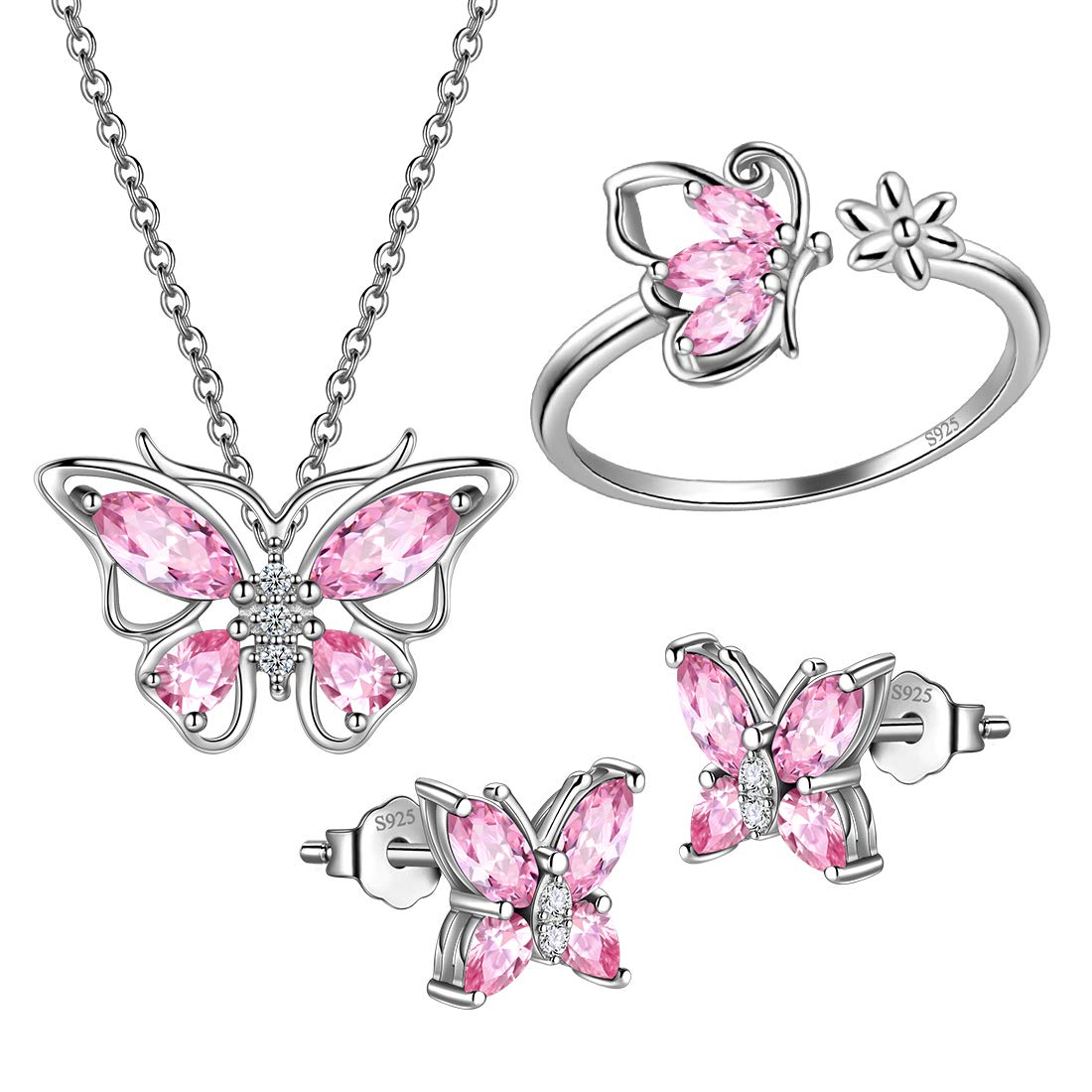 Hipunk Butterfly Pink Jewelry Sets Birthstone Women 925 Sterling Silver October-Tourmaline Birth Stone Animal Butterflies Jewelry Sets/Earring/Ring Set Crystal Birthday Jewelry SS0002O