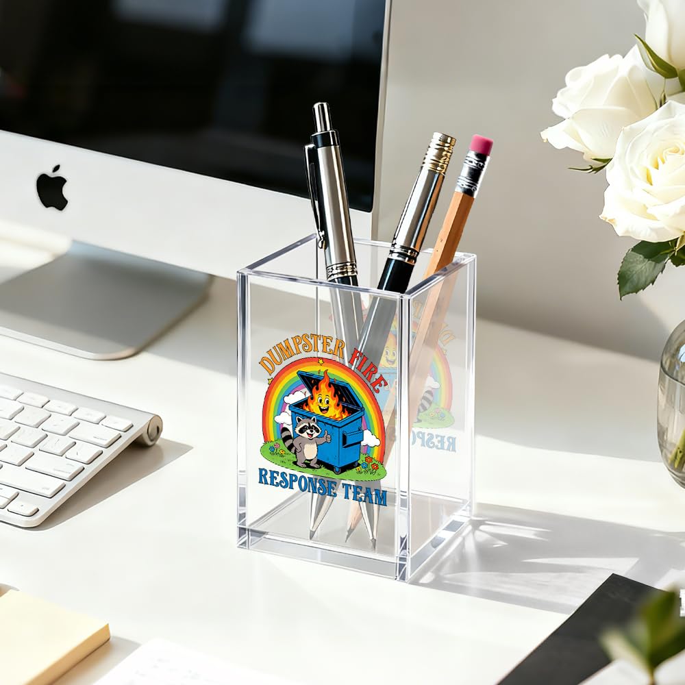 Gkodw Everything is Fine Cosmetic Organizer Pen Holder, Acrylic Desk Holder for Pen Pencil, Office Gifts for Coworker, Dumpster Fire Desk Accessory (Transparent64)