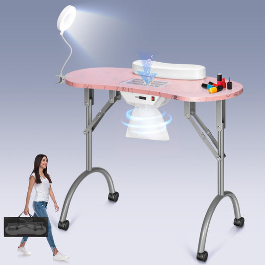 VIVOHOME Portable Manicure Nail Table on Wheels with Built-in Dust Collector, Updated USB-Plug LED Table Lamp, Carry Bag for Home Spa Beauty Salon Workstation, Pink