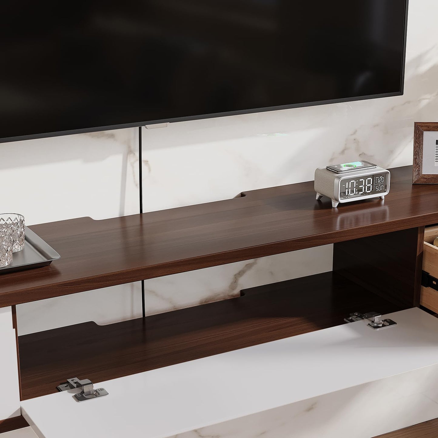 FurniNova Fully Assembled Floating TV Stand,High Gloss Wall Mount TV Console with 3 Doors, Under TV Shelf Entertainment Center for Living Room Bedroom,Walnut+White 47IN