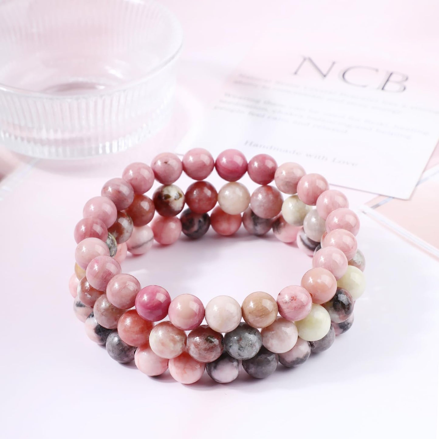 NCB 3-Piece 8mm Natural Crystal Gemstone Stretch Bracelets – ﻿Pink Zebra, Red Jasper, Red Plum Blossom Stone Handmade Reiki Energy Healing Jewelry for Meditation,Yoga, Unisex