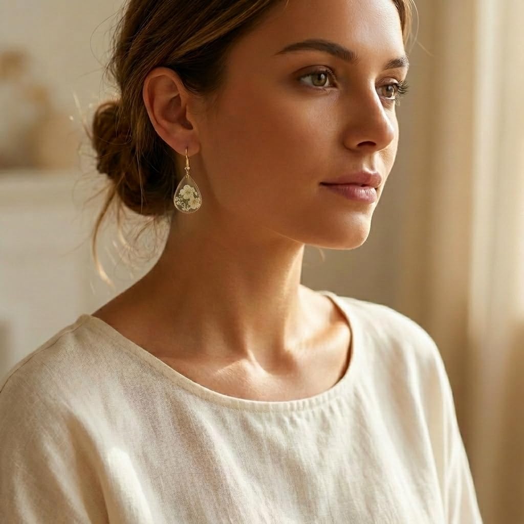 Jean Beau Handmade Pressed Flower Earrings for Women, Unique Resin White Dried Flowers Gold Plated Teardrop Dangle Drop Nature Floral Earings Fashion Summer Jewelry Gift
