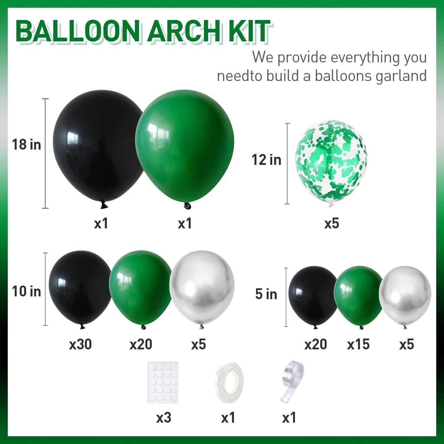 Black Green Balloon Garland,BTZO Balloons Arch Kit With Metallic Silver Confetti Balloon,Black and Green Balloons for Birthday Wedding Bridal Shower Graduations Party Decorations