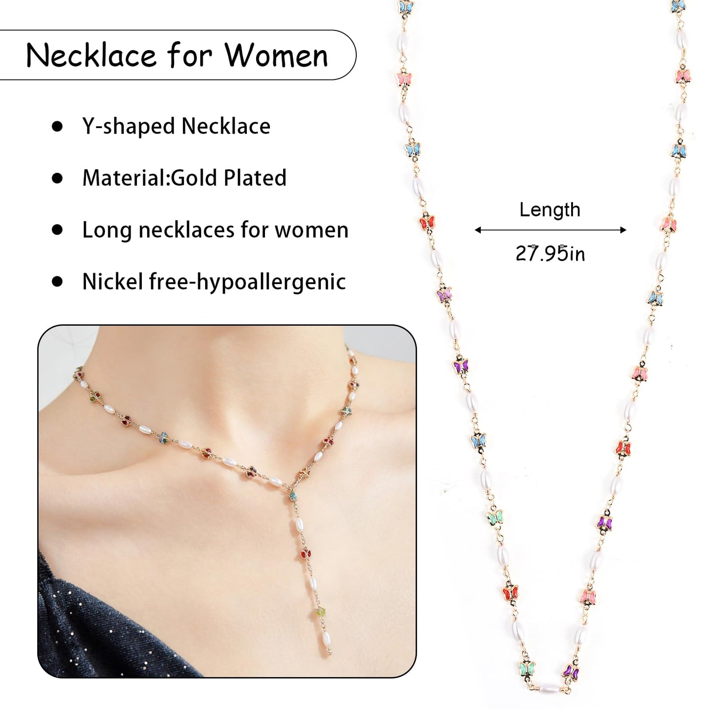 ENGCKSHI Necklace for Women, Dainty Long 14K Gold Y-Shaped Necklace Jewelry Trendy Beaded Layered Chain Drop Necklaces Jewelry Women Gifts