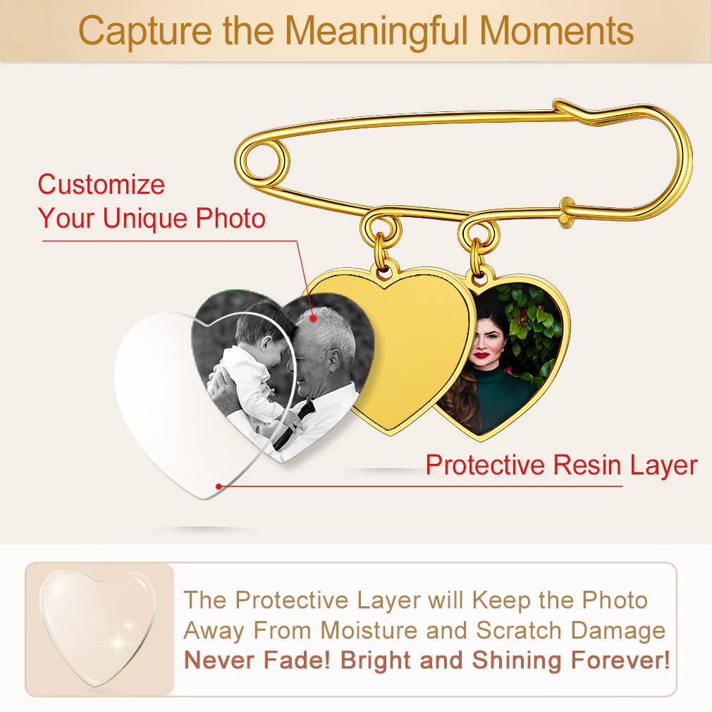 Custom4U Memorial Charm for Wedding Bouquet Heart Shaped Memory Charms Brooch Pins Funeral Boutonniere with 2 Pictures Engraved