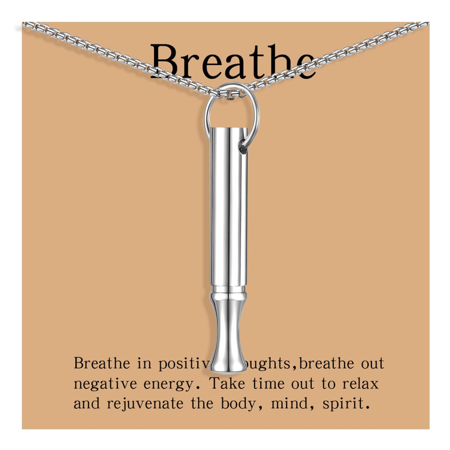 hooppoo Breathing Necklace for Calm & Focus - Personal Essential Oil Diffuser for Anxiety Relief, Quit Smoking, Yoga and Meditation - Reusable Stainless Steel Pendant for Women Men (Silver)