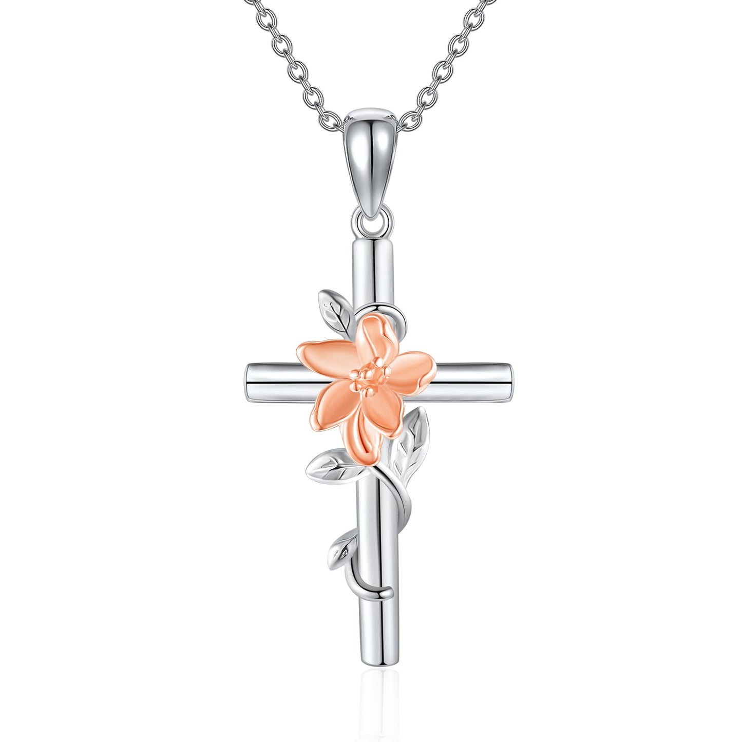 JERWLI Lily Necklace 925 Sterling Silver Lily Cross Pendant Necklace May Birth Flower Jewelry for Women