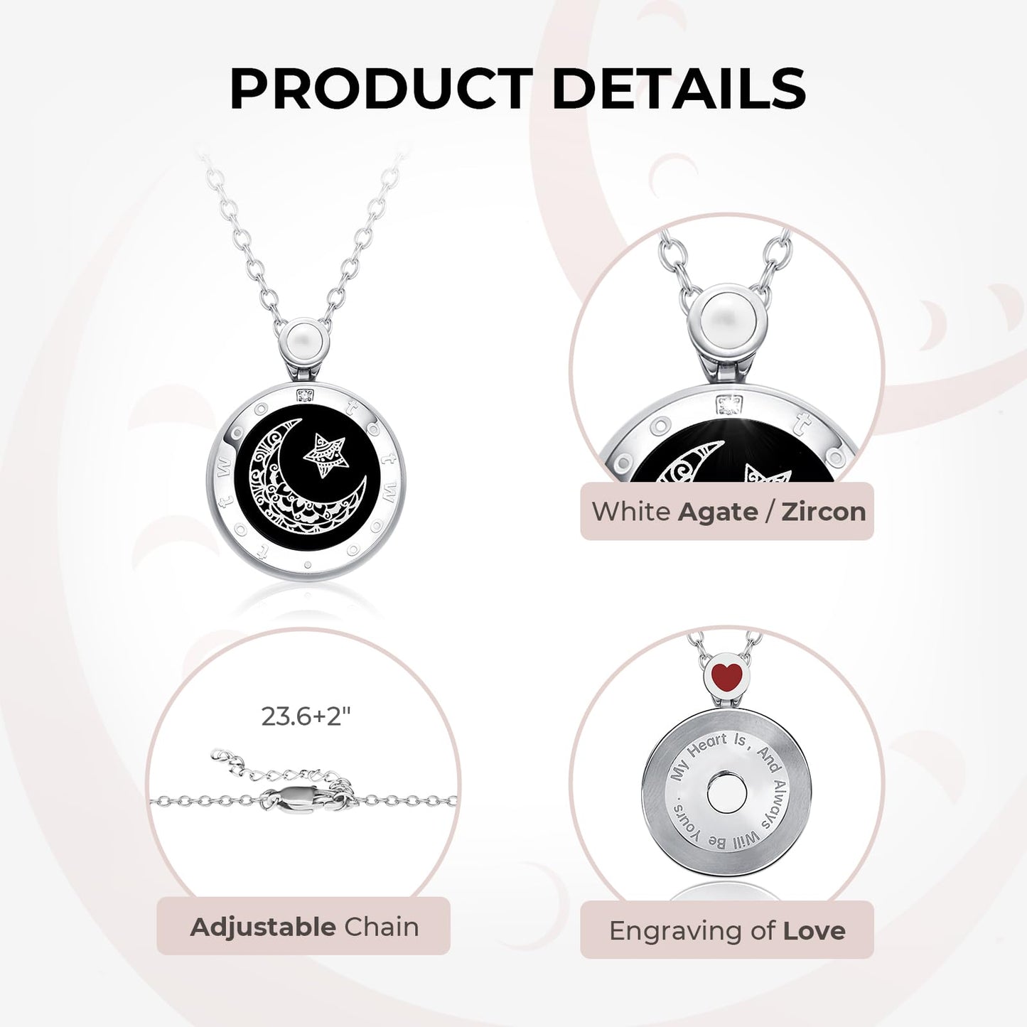 Single Long Distance Touch Necklace for Couples, Vibration & Light Up Smart Love Jewelry, Long Distance Relationship Gifts for Girlfriend Boyfriend Her Him, One-to-One Bluetooth Pairing via the Companion App, Silver Moon