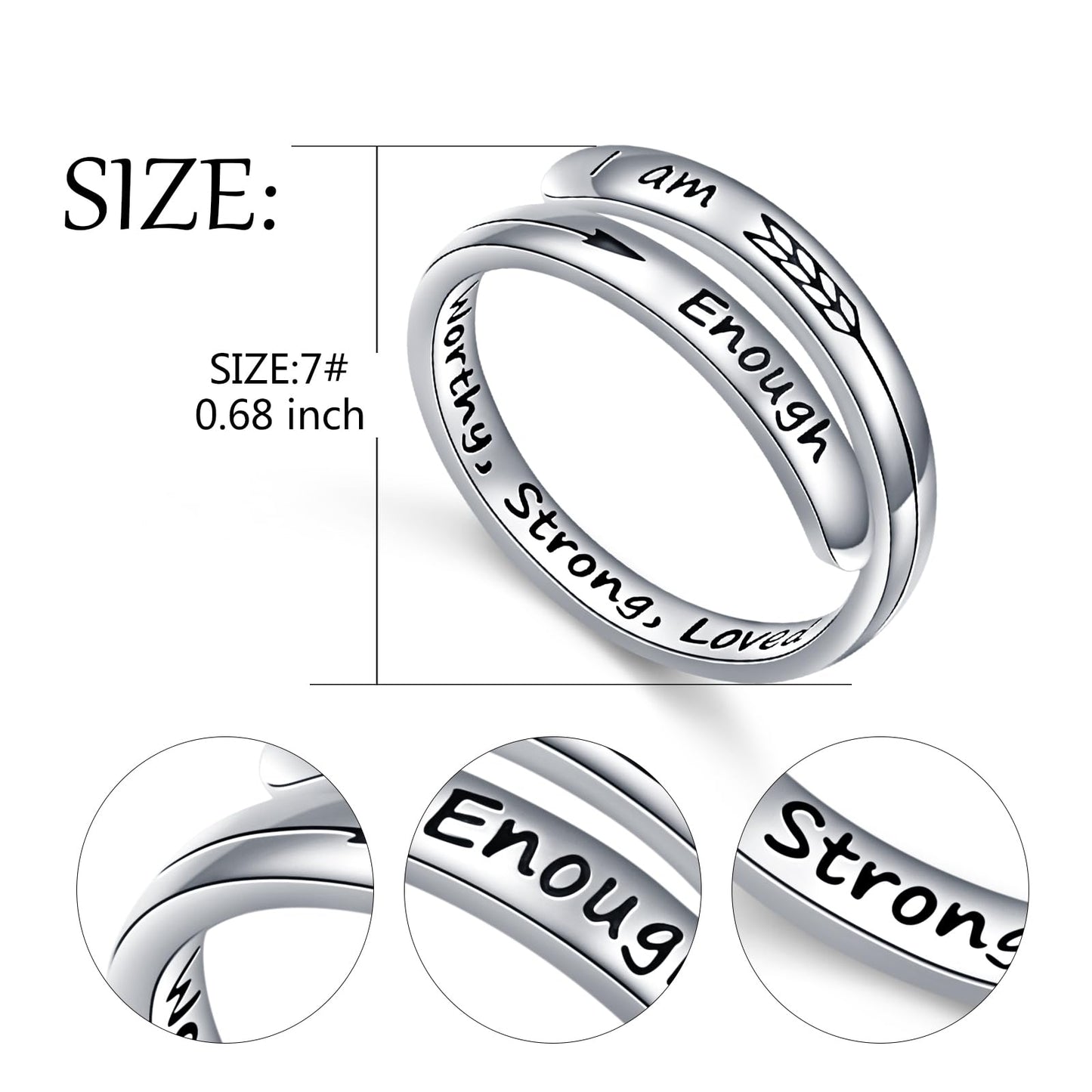 Ladytree Adjustable Inspirational Rings 925 Sterling Silver Stacking Wrap Spiral Twist Statement Band Encouragement Jewelry Birthday Gift for Women Men(I am Enough Worthy,Strong,Loved)