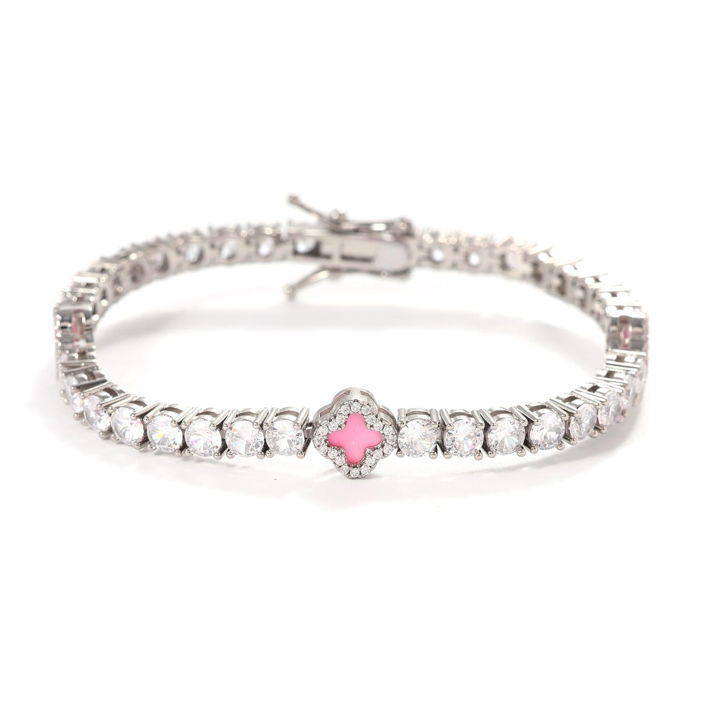 LuxeFlex 4mm Iced Out Clover Tennis Bracelet, White Gold Plated with 5A Zircon Stones, Handmade exquisite Hip Hop Jewelry, Perfect Unisex Gift (White Gold-Pink,7)