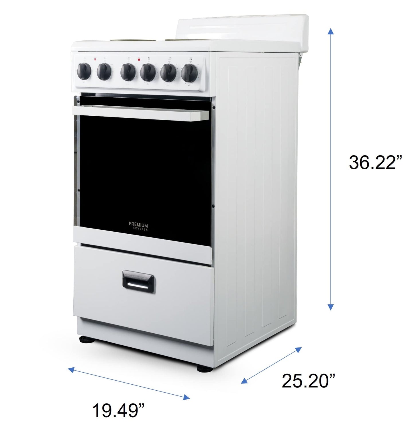 Premium Levella PRE2025GW 20 in Freestanding Electric Range with 4 Coil Burners and 2.2 Cu. Ft. Single Oven Capacity with Lower Storage Drawer in White