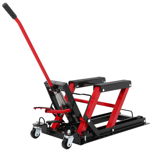 Hydraulic Motorcycle Lift Jack, 1500LB Capacity Scissor Jack for Dirt Bikes & ATVs, 4.7-14.57 Inch Lift Height, Non-Slip Platform & 360° Swivel Casters, Red Garage Lift