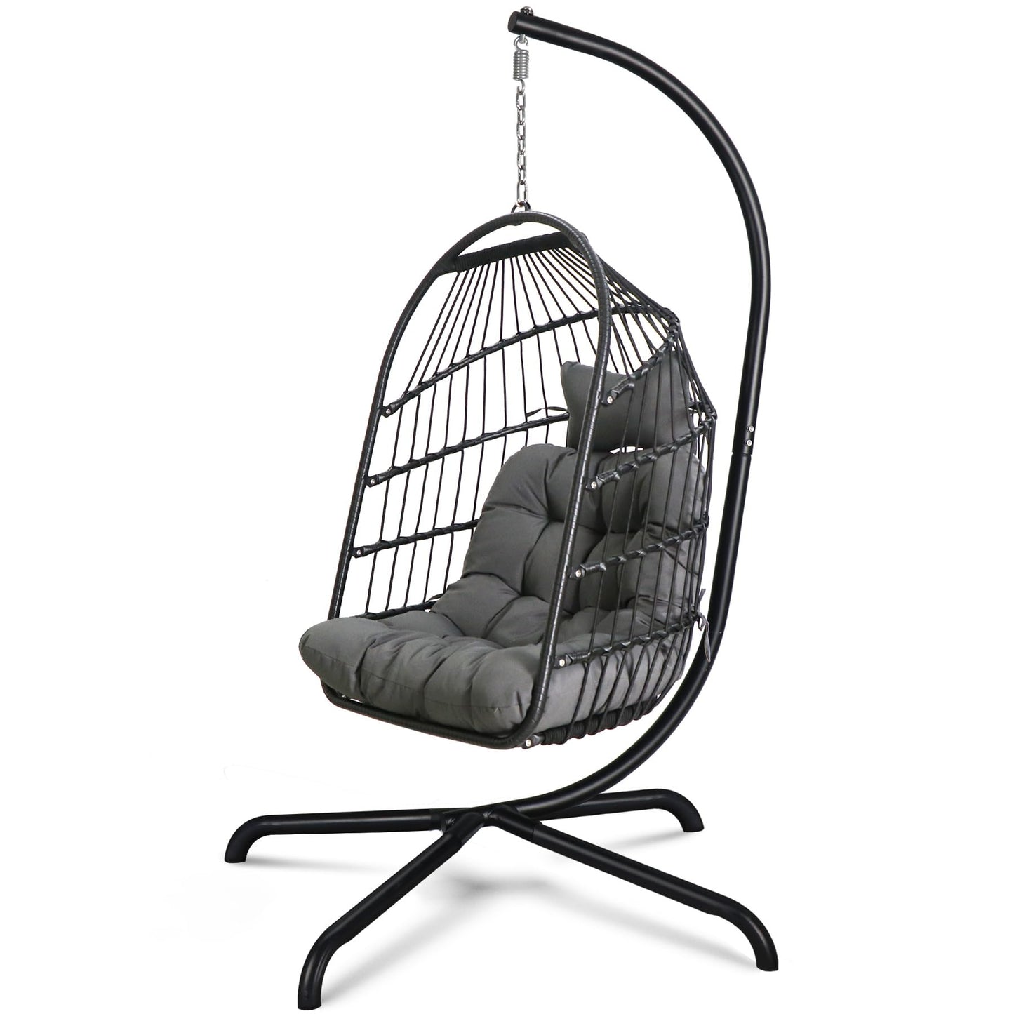 Chihee Egg Chair with Ultra Strong Stand and Cushion Foldable Wicker Rattan Hanging Chair Indoor Outdoor Patio Lounging Chair 330 lbs Capacity Balcony Porch Bedroom Garden
