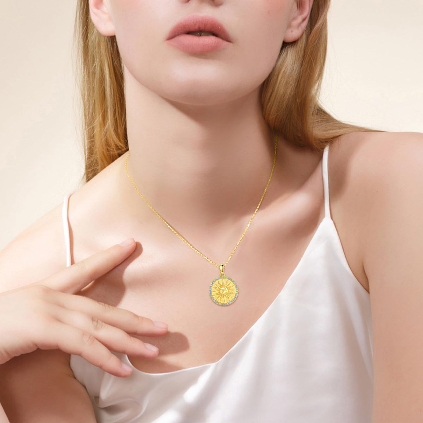 KQF Birthstone Sun Necklace for Women 925 Sterling Silver Sun and Moon Gold Plated Coin Pendant March Jewelry Gift