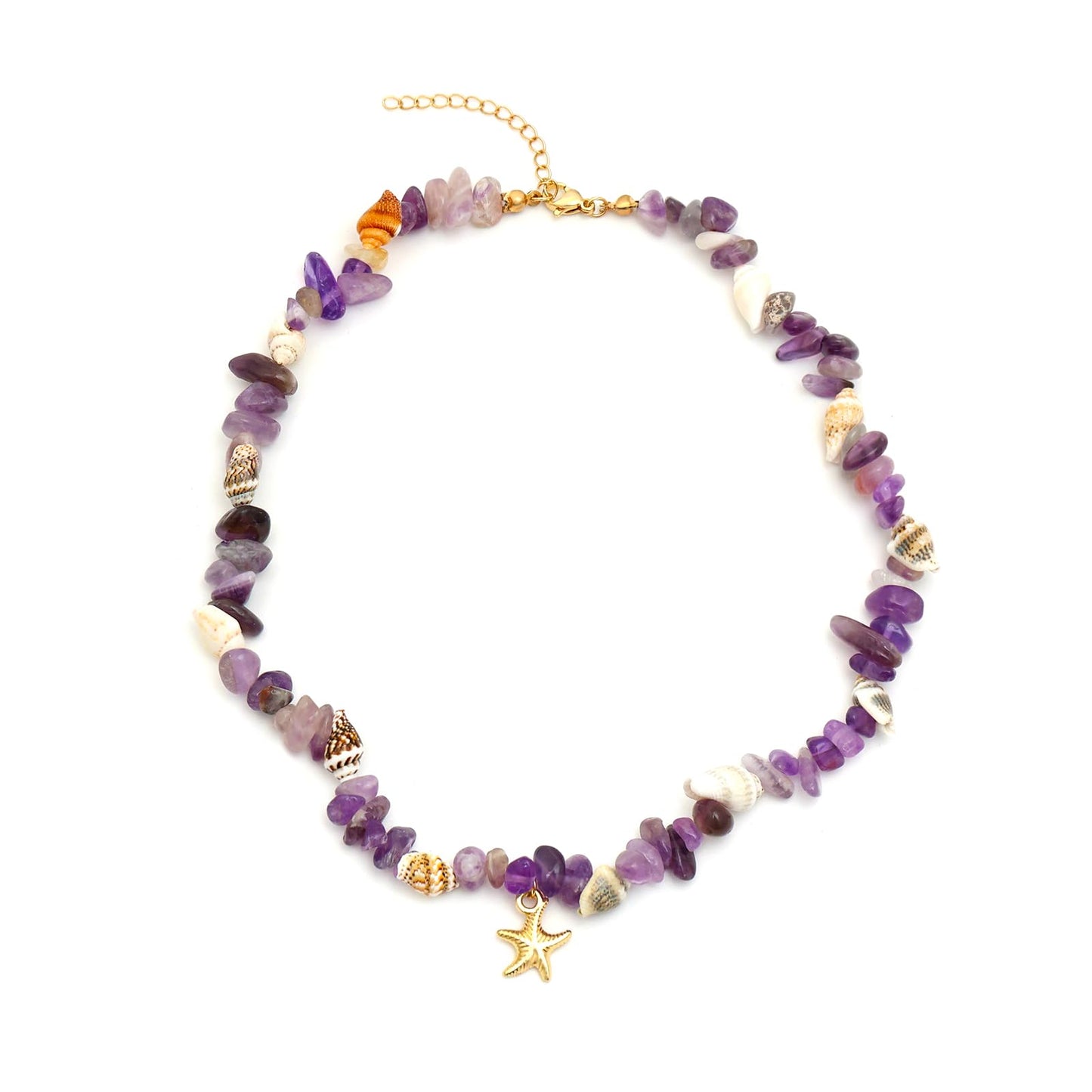 Amethyst Necklace for Women, 14K Gold Plated Dainty Starfish Natural Amethyst Crystal Beaded Necklaces Waterproof Handmade Beach Summer Boho Choker Bead Ocean Beachy Vacation Necklace for Women