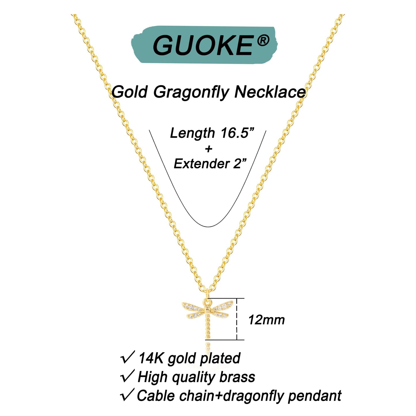 GUOKE Dragonfly Necklaces for Women - 14K Gold Plated Gold Dragonfly Necklace Simple Dainty Jewelry for Women