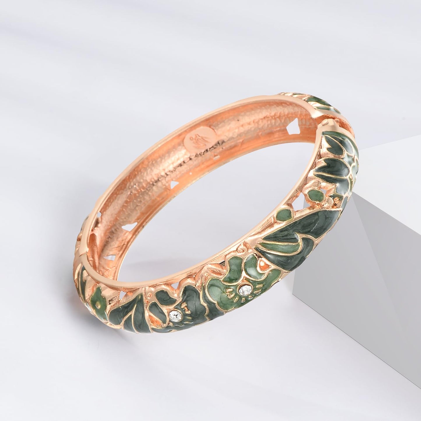 UJOY Vintage Jewelry Cloisonne Handcrafted Butterfly Enameled Gorgeous Rhinestone Hinged Cuff Bracelet Bangles Gifts 88A08-55A81 Green White