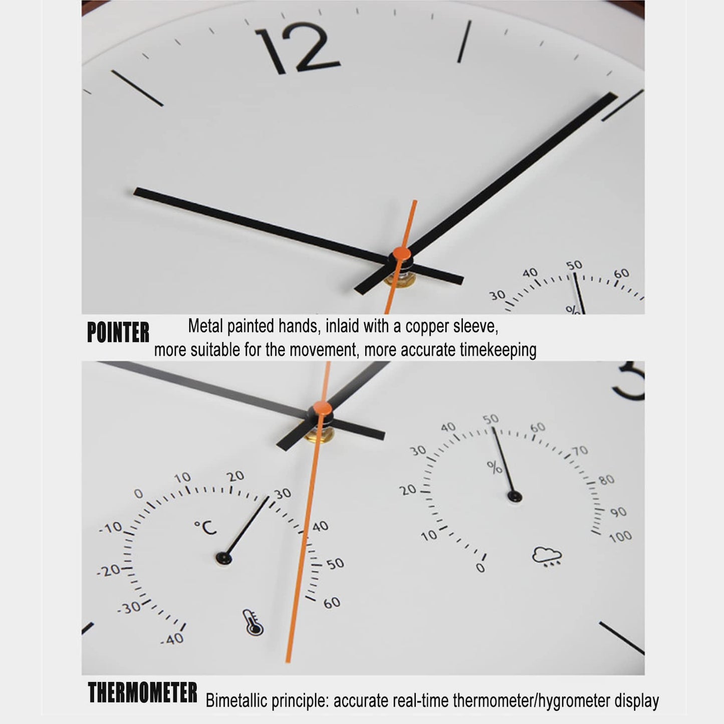 Wood Wall Clock, 14" with Thermometer Digital Clock, Household Arabic Numerals Non-Ticking Decorative Wall Watch Battery Operated Mute Movement for Living Room Bedroom Office School Hotel
