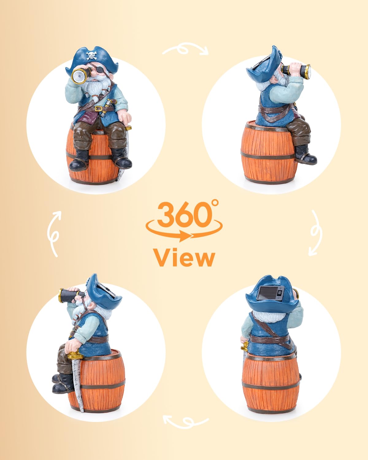 GaloTrek Solar Garden Gnome Statues Funny Resin Pirate Gnome Decorations Sitting on Wine Barrel Outdoor Figurines for Yard Patio Mom Gift