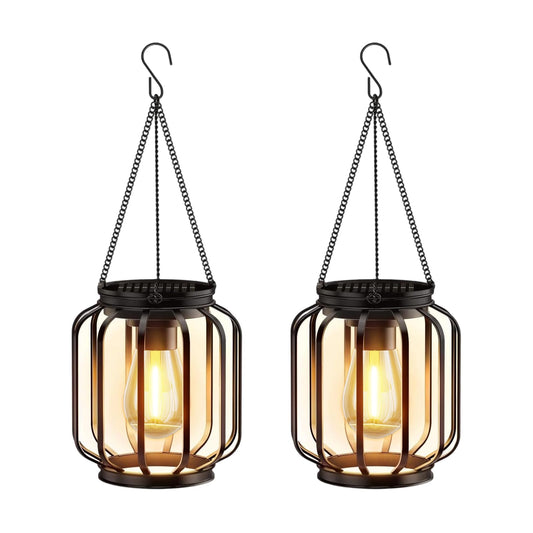 Ddlisu 2 Pack Solar Lanterns Outdoor Waterproof, Upgraded Metal LED Lanterns, Warm Light, Auto On/Off, Brighter Hanging Solar Lantern for Yard Patio Pathway Porch Garden Decor (Columnar)
