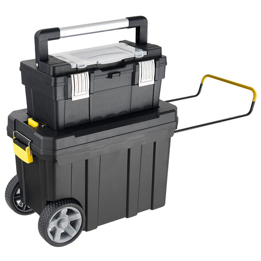 IRONMAX Portable Rolling Tool Box, 2 in 1 Stackable Mechanic Tool Organizer with Wheels and Pull Handle, Plastic Toolbox with Removable Tray for Tools and and Small Parts Storage